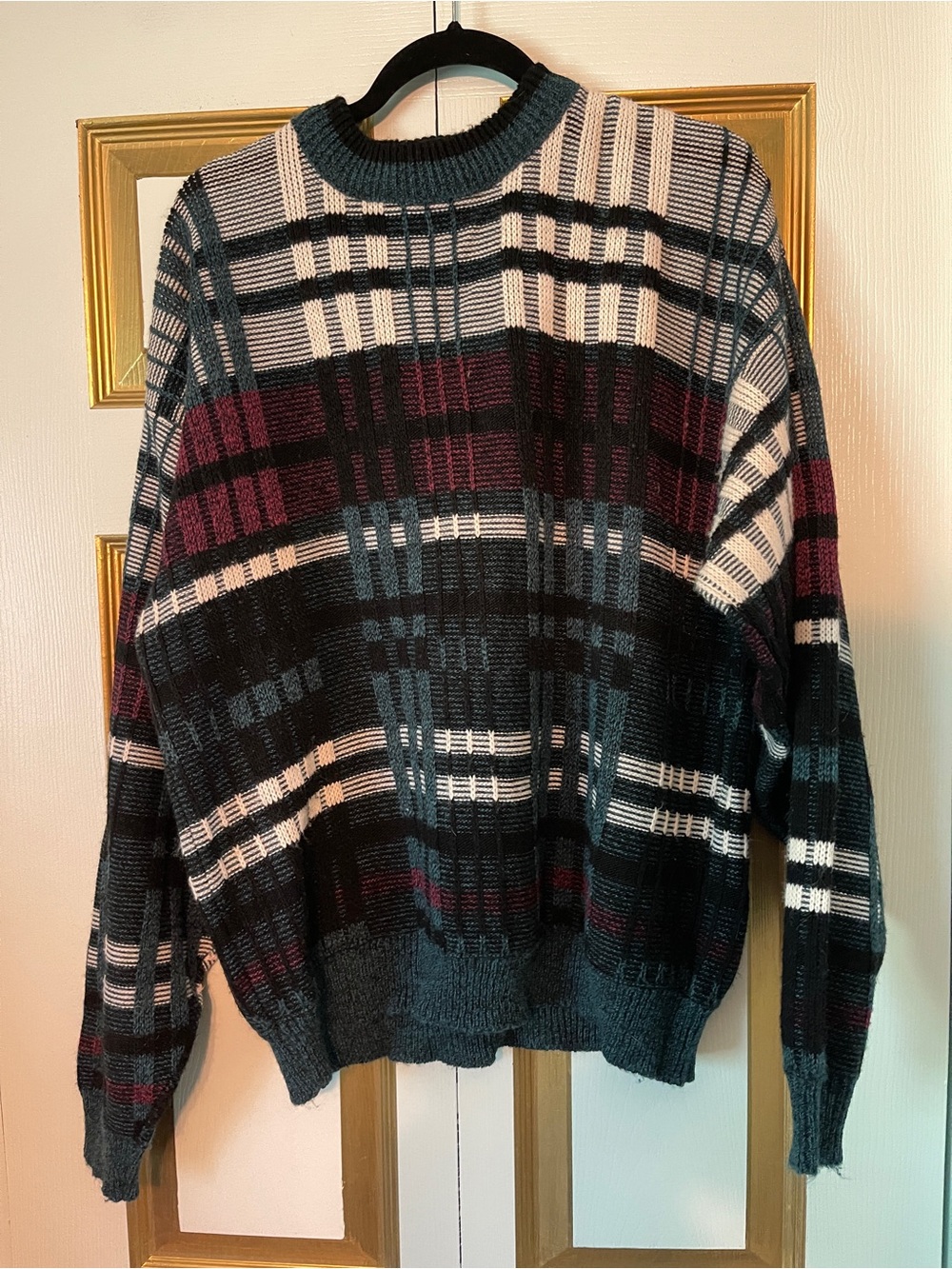 Vintage Le Tigre Plaid Knit Sweater XL - Dark Teal, Black & White
